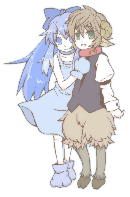 1boy 1girl animal_ears bad_id bad_pixiv_id blue_eyes blue_hair collar dog_ears horns inu-t os-tan pee_(pixiv4293) peepa ribbon shitsuji simple_background