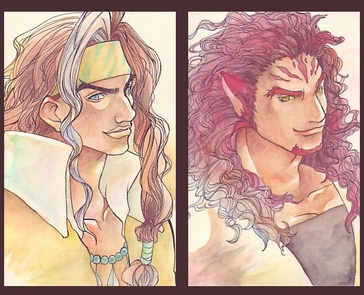 2boys animal_ears brown_hair come-sta commentary_request cyberbots dark-skinned_male dark_skin facial_hair fire_emblem fire_emblem:_radiant_dawn goatee headband lips long_hair male_focus multiple_boys nintendo red_hair santana_laurence skrimir_(fire_emblem) yellow_eyes