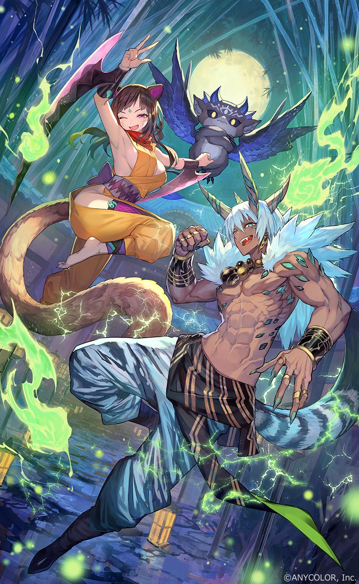 1boy 1girl 1other arm_blade black_footwear blue_eyes blue_hair boots breasts character_request clenched_hands dark-skinned_male dark_skin debidebi_debiru demon fang flying highres horns ibrahim_(nijisanji) lack large_breasts long_hair nijisanji official_art one_eye_closed open_mouth pants tail topless_male virtual_youtuber weapon white_pants
