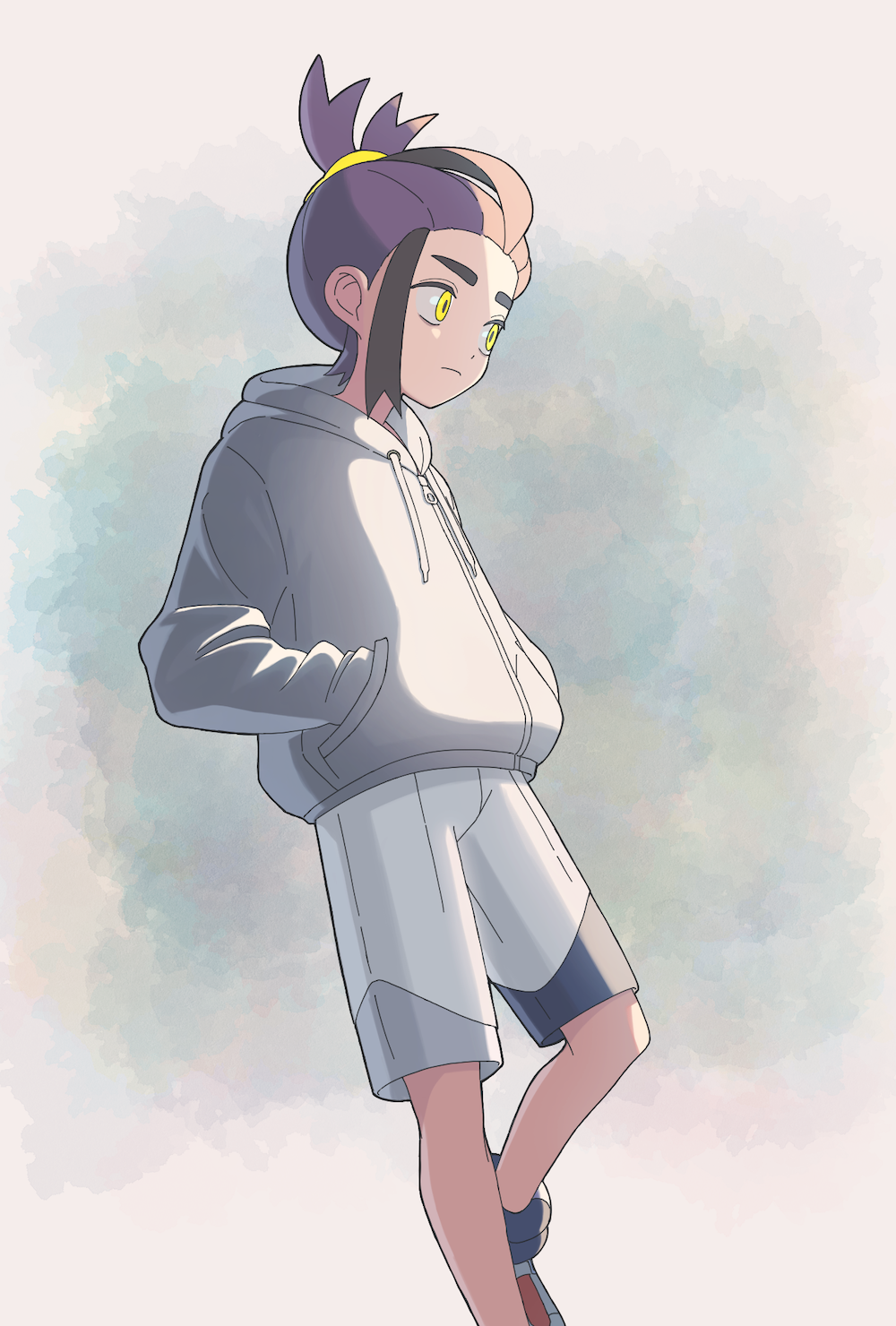 1boy adapted_costume black_hair closed_mouth commentary_request hands_in_pockets highres hood hood_down hoodie kieran_(pokemon) male_focus multicolored_hair nintendo pokemon pokemon_sv purple_hair shoes shorts socks solo suimoku_(hzdg5322) tassel two-tone_hair yellow_eyes zipper_pull_tab
