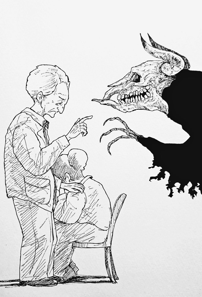 1boy 1girl 1other chair commentary_request crying death_(entity) father_and_daughter full_body greyscale hand_on_another&#039;s_shoulder horns long_sleeves monochrome old old_man original pocket profile sakajun shadow simple_background sitting skull standing traditional_media white_background