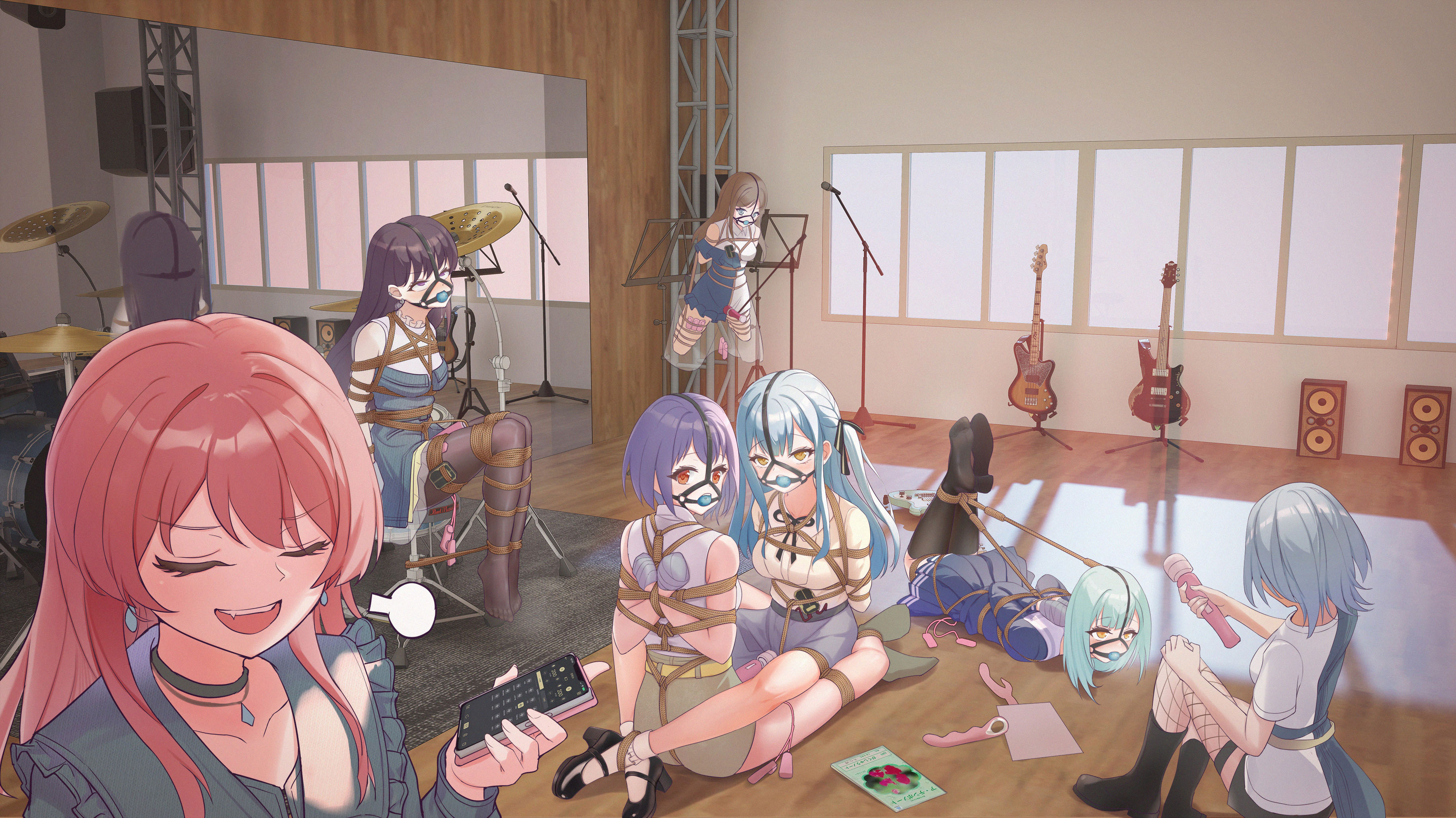 6+girls absurdres arms_behind_back bang_dream! bang_dream!_it's_mygo!!!!! bdsm black_boots black_choker black_pantyhose black_socks blue_eyes blue_hair blue_jacket blue_shirt blue_skirt bondage boots bound bound_together breasts brown_hair brown_skirt cellphone chihaya_anon chinese_commentary choker closed_eyes commentary_request dress earclip earrings bass_guitar electric_guitar fang fishnet_thighhighs fishnets gag gagged green_hair grey_skirt guitar hair_ribbon heart heart-shaped_pupils highres hitachi_magic_wand holding holding_phone indoors instrument jacket jewelry kaname_raana kneehighs long_hair lying medium_breasts microphone_stand multiple_girls music_stand nagasaki_soyo nameless_ark neck_ribbon no_shoes notebook on_stomach open_mouth orange_eyes pantyhose phone pink_hair pleated_skirt purple_eyes purple_hair remote_control_vibrator restrained ribbon school_uniform sex_toy shibari shibari_over_clothes shiina_taki shirt short_sleeves single_thighhigh sitting skirt smartphone socks speaker suspension symbol-shaped_pupils teeth thighhighs togawa_sakiko tsukinomori_school_uniform upper_teeth_only vibrator wakaba_mutsumi white_dress white_hair white_shirt yellow_eyes yuri yuutenji_nyamu