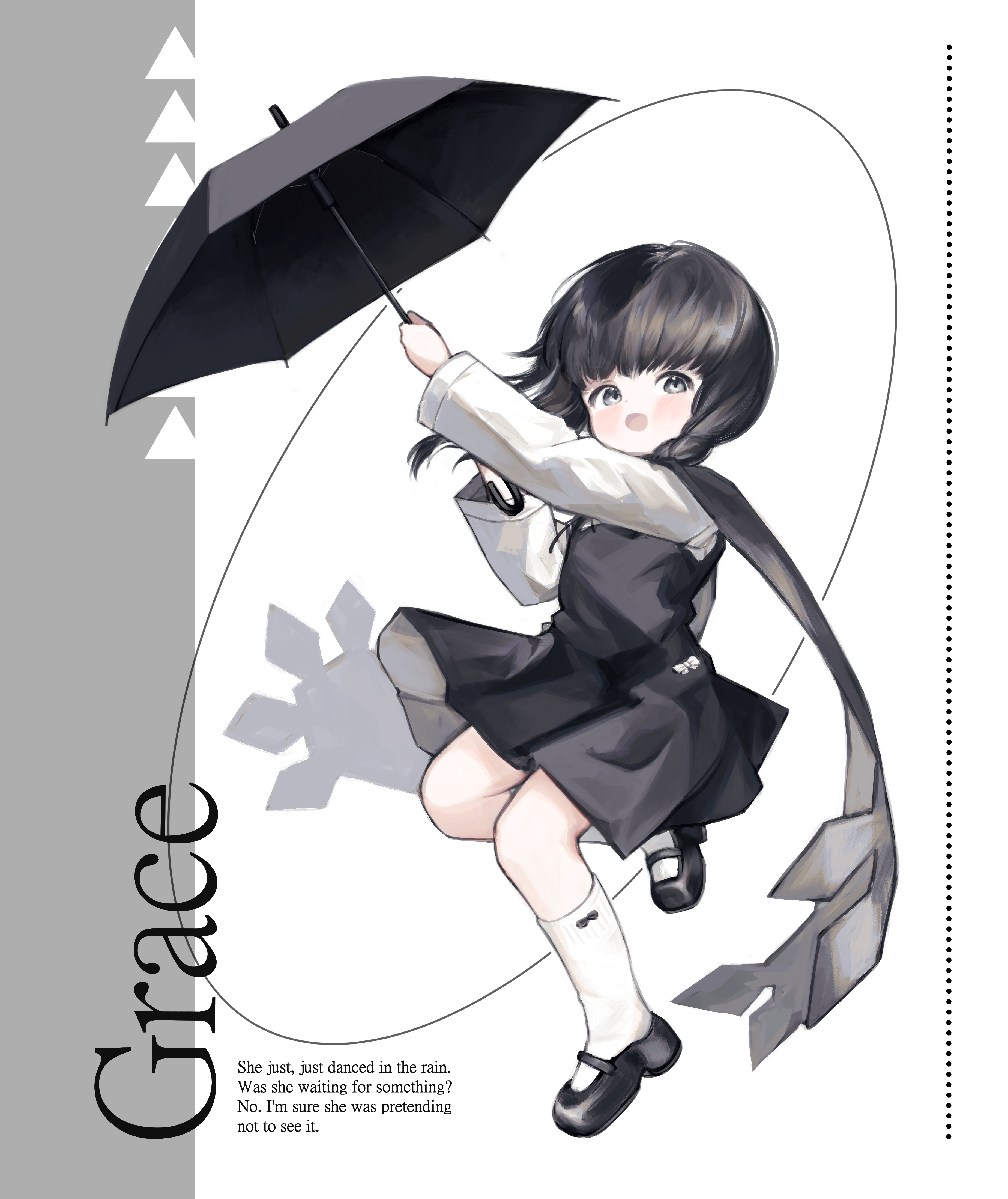 1girl :d absurdres black_bow black_dress black_eyes black_hair black_scarf black_shoes bow bow_legwear braid child commentary dress english_text full_body grace_(ic) highres holding holding_umbrella ic_(iccccccccc81) long_hair long_sleeves mary_janes multicolored_hair open_mouth original pinafore_dress scarf shirt shoes single_braid sleeveless sleeveless_dress smile socks solo standing standing_on_one_leg symbol-only_commentary torn_clothes torn_scarf two-tone_hair umbrella white_hair white_shirt white_socks