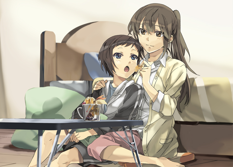 2girls barefoot bed bed_frame blue_eyes blush brown_eyes brown_hair clover feeding food fruit graphite_(medium) hareta holding holding_food komano_hina long_hair long_sleeves mandarin_orange multiple_girls okujou_no_yurirei-san open_mouth pillow ponytail short_hair sitting sitting_on_lap sitting_on_person smile table toomi_yuna traditional_media yuri