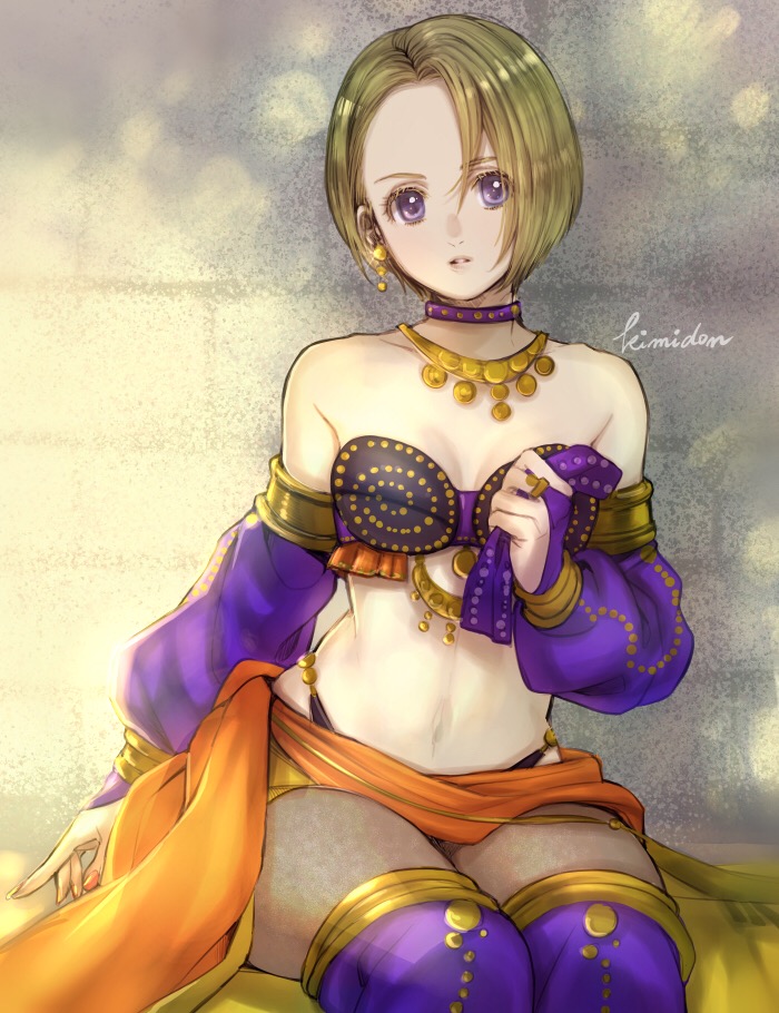 1girl alternate_hairstyle artist_name black_pantyhose blonde_hair bra breasts bridal_gauntlets choker cleavage commentary_request dancer&#039;s_costume_(dq) detached_sleeves dragon_quest dragon_quest_xi earrings gold_armlet gold_earrings hairband holding_hairband jewelry kimidori_(kimidoriri) looking_to_the_side midriff navel necklace official_alternate_costume official_alternate_hair_length official_alternate_hairstyle orange_nails orange_sarong pantyhose parted_hair parted_lips purple_bridal_gauntlets purple_choker purple_eyes purple_hairband sarong senya_(dq11) short_hair sitting small_breasts solo strapless strapless_bra thighhighs thong underwear unworn_hairband