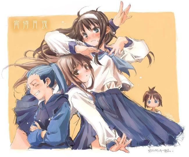 00s 4girls ahoge annoyed arms_up blue_hair blush brown_hair groping laughing long_hair looking_at_viewer misawa_hanei multiple_girls ponytail profile school_uniform seo_akira serafuku smile tohno_akiha tsukihime tsukihime_souka