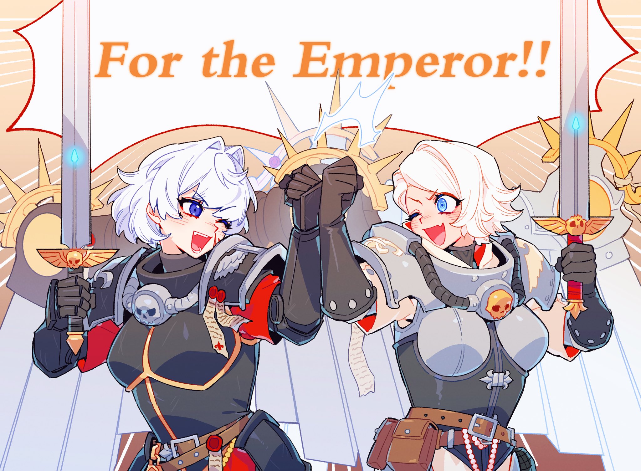 2girls adepta_sororitas armor backpack bag belt blue_eyes breastplate english_text explosive fangs fist_bump gloves grenade highres looking_at_another maiucal multiple_girls one_eye_closed pouch power_armor power_sword purity_seal scar scar_on_face skull sword warhammer_40k weapon white_background white_hair wings