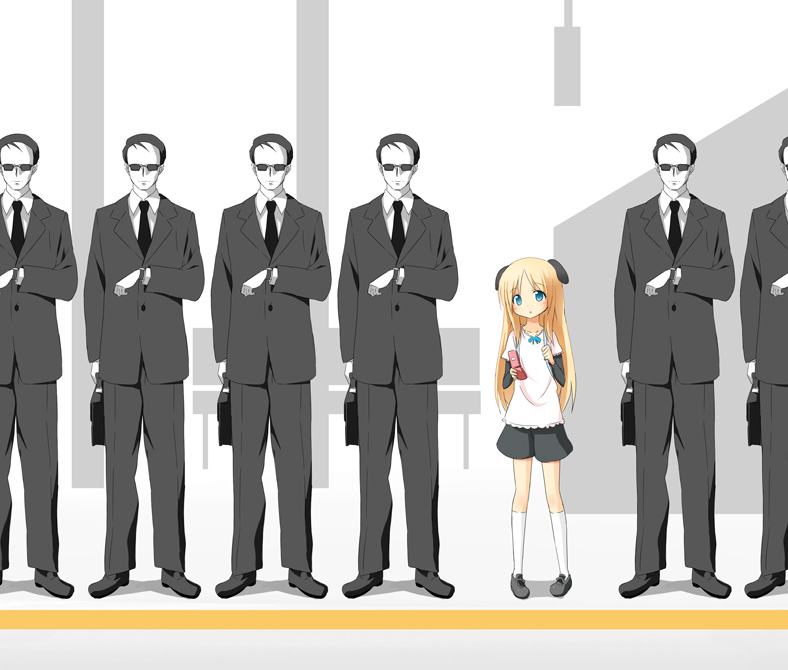 1girl 6+boys agent_smith aikei_ake ake animal_ears bad_id bad_pixiv_id bag black_hair blonde_hair blue_eyes blush briefcase cellphone child clone dog_ears formal_clothes handbag kneehighs multiple_boys original parody phone shoes shorts socks suit sunglasses the_matrix watch wristwatch