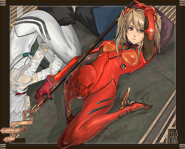 2girls arm_up ayanami_rei bandaged_arm bandages bed between_legs blue_eyes bodysuit border bracer breasts cast dutch_angle from_above from_side frown gloves hair_over_eyes hand_between_legs headgear high_heels holding holding_weapon indoors interface_headset_(evangelion) knee_up light_brown_hair long_hair looking_at_viewer lying maeda_hirotaka mecha_pilot_suit multiple_girls neck_ribbon neon_genesis_evangelion on_back on_side pale_skin pillow plugsuit_(evangelion) polearm ribbon shoes short_hair silver_hair small_breasts souryuu_asuka_langley spear turtleneck two_side_up weapon