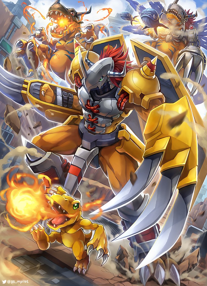 agumon armor blue_eyes blue_skin blue_wings breath_weapon breathing_fire claw_(weapon) claws colored_skin crotch_plate cyborg digimon digimon_(creature) dinosaur dragon dust evolutionary_line fire goushou green_eyes greymon helmet mechanical_arms mechanical_wings metalgreymon missile orange_skin red_eyes red_hair reptile sharp_teeth short_hair single_mechanical_arm teeth torn_wings twitter_logo twitter_username wargreymon weapon wings yellow_armor