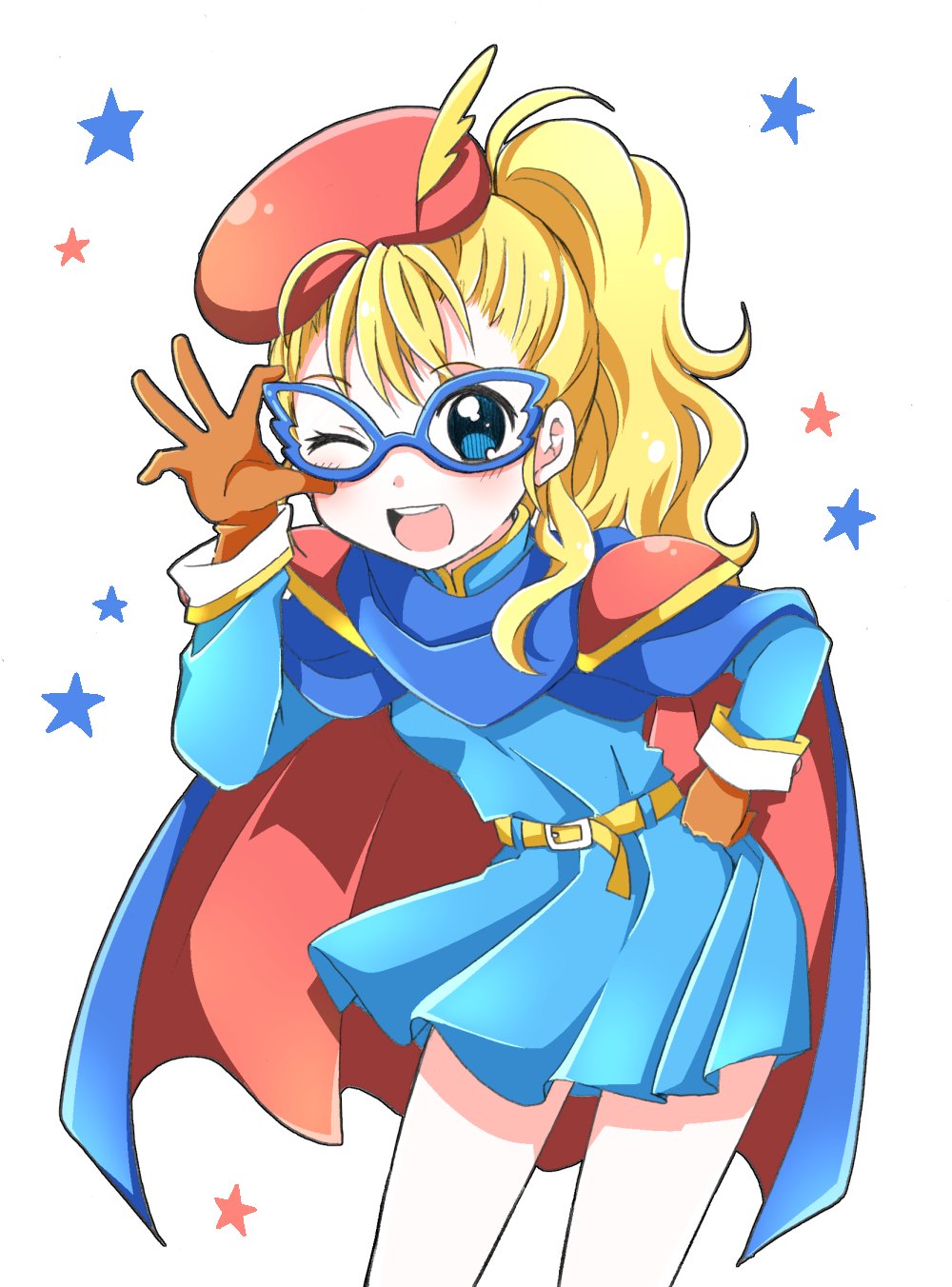 1girl belt blonde_hair blue_eyes blue_mage_(final_fantasy) blush breasts brown_gloves cape dress final_fantasy final_fantasy_v glasses gloves hat highres krile_mayer_baldesion_(ff5) long_hair looking_at_viewer one_eye_closed open_mouth ouba_reiya ponytail skirt smile solo white_background