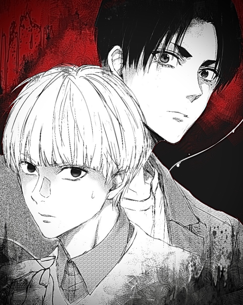 2boys akabane_sousei black_hair blonde_hair closed_mouth greyscale_with_colored_background highres jacket kinoki_(pixiv104129066) kiritani_shinya_(sentai_dai_shikkaku) looking_at_viewer medium_hair multiple_boys red_eyes sentai_daishikkaku serious shirt white_shirt