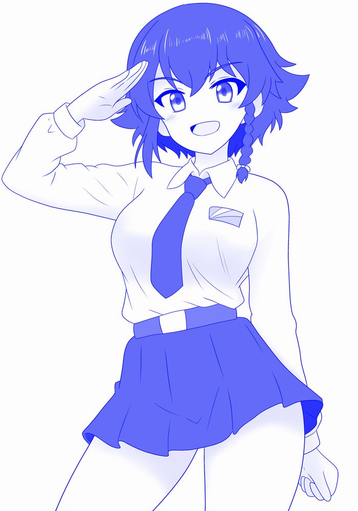 1girl anzio_school_uniform belt blue_theme braid commentary cowboy_shot dress_shirt emblem girls_und_panzer hair_tie long_sleeves looking_at_viewer miniskirt monochrome necktie open_mouth pepperoni_(girls_und_panzer) pleated_skirt salute school_uniform shira14 shirt short_hair side_braid skirt smile solo standing wing_collar