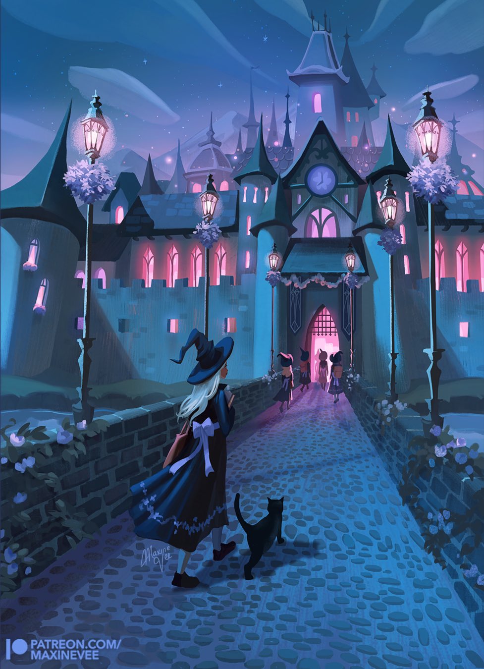 6+girls back_bow backpack bag banner battlement black_cat black_dress black_hat black_shoes blonde_hair book bow bridge brown_bag castle cat clock clock_tower cloud cobblestone commentary dress facing_away flower gate_house glowing hat highres holding holding_book ivy lamppost long_hair maxine_vee moat multiple_girls night night_sky original patreon_username portcullis purple_flower sash satchel shadow shoes signature sky socks star_(sky) starry_sky tower white_bow white_sash white_socks window witch witch_hat