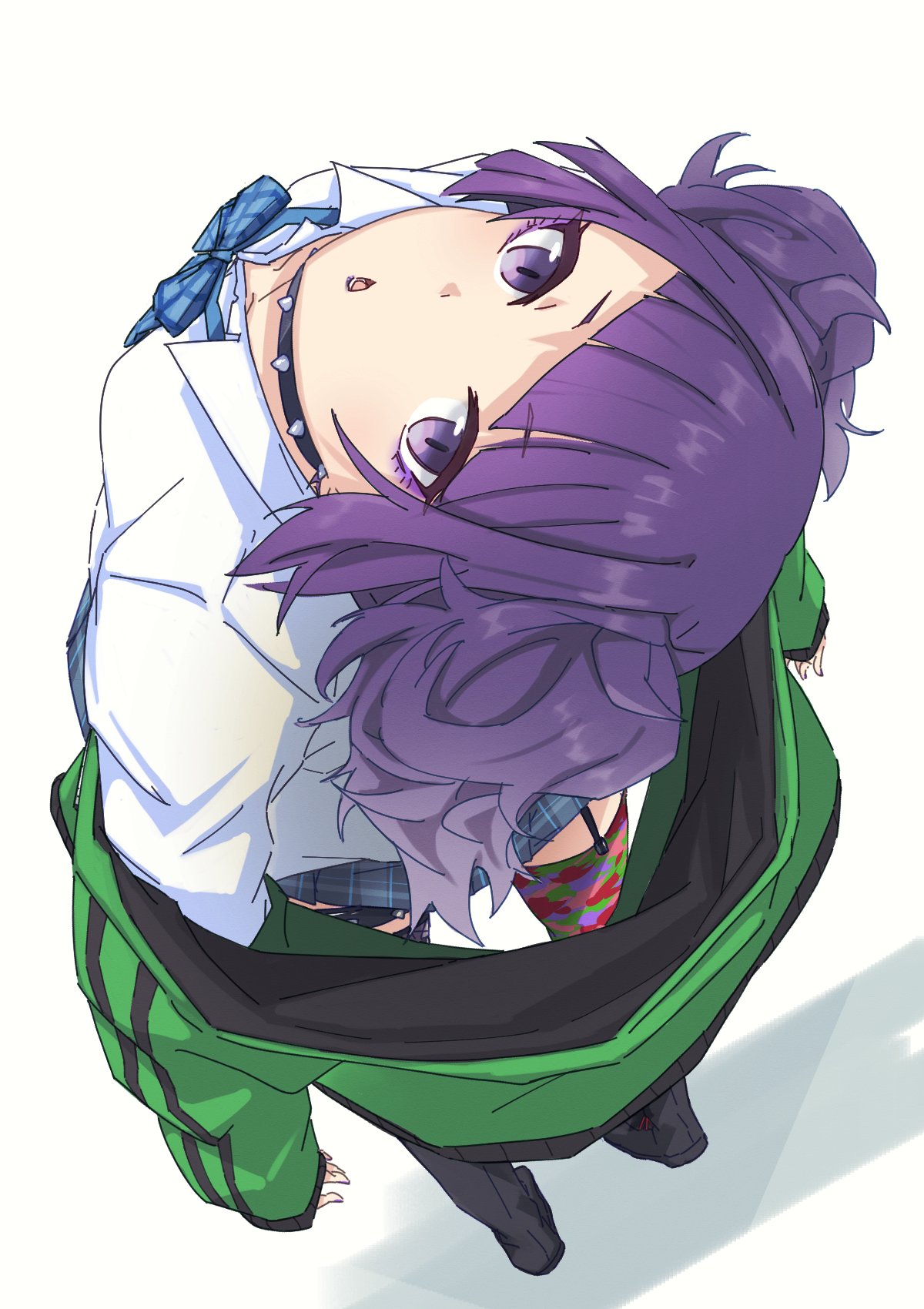 1girl blue_bow blue_bowtie blue_skirt bow bowtie breasts checkered_clothes checkered_skirt chestnut_mouth choker diagonal_bangs eyelashes from_above garter_straps green_jacket highres idolmaster idolmaster_shiny_colors ito_(itokayu) jacket long_sleeves looking_at_viewer medium_breasts medium_hair messy_hair multicolored_thighhighs purple_eyes purple_hair shirt sidelocks skirt solo spiked_choker spikes tanaka_mamimi thighhighs twintails white_background white_shirt