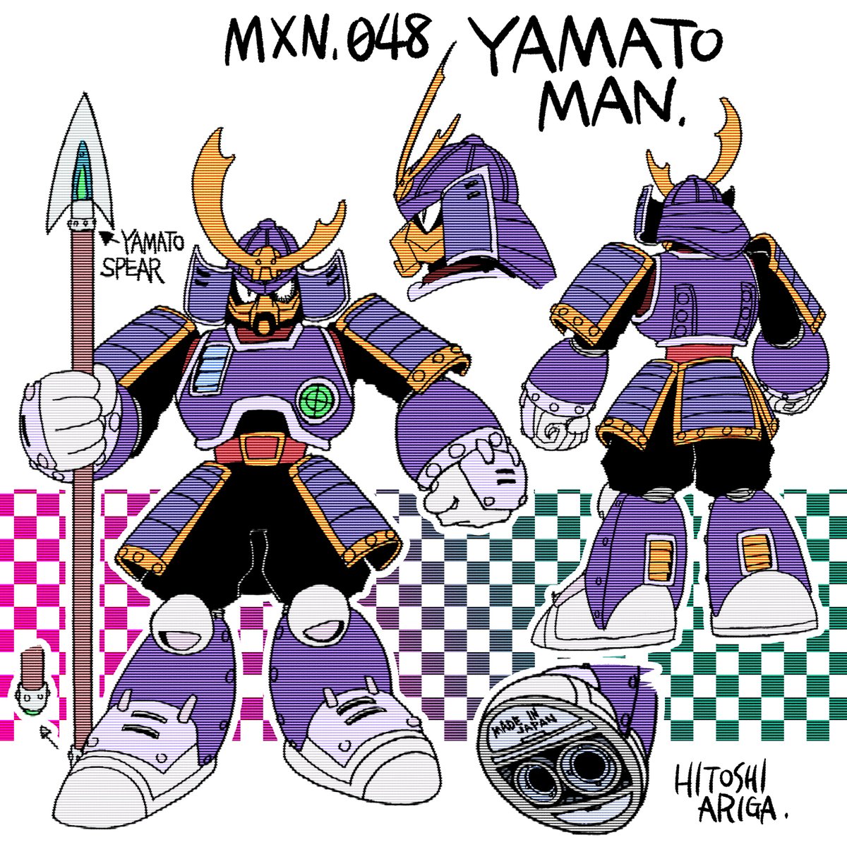 1boy android ariga_hitoshi armor artist_name belt belt_buckle black_bodysuit black_eyes bodysuit boots buckle character_name reference_sheet checkered_background chest_armor clenched_hands commentary_request concept_art crescent green_background english_text fake_horns from_behind from_side full_armor full_body gauntlets gem gloves gradient_background green_background green_gemstone helmet highres holding holding_polearm holding_weapon horned_helmet horns japanese_armor kabuto_(helmet) knee_boots kusazuri looking_ahead looking_at_viewer made_in_japan male_focus mega_man_(classic) mega_man_(series) mega_man_6 mega_man_megamix multiple_views no_humans pink_background polearm portrait profile purple_armor purple_footwear red_belt robot scanlines shoe_soles shoulder_armor simple_background sode spear standing straight-on turnaround weapon white_background white_gloves yamato_man