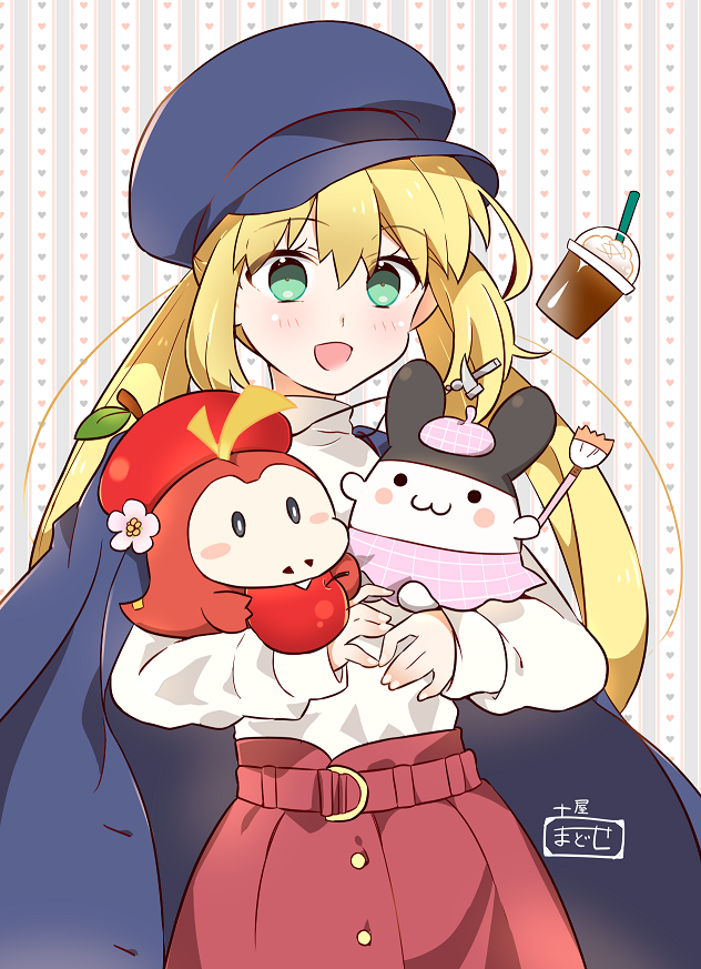 1girl apple artist_self-insert artoria_caster_(fate) artoria_pendragon_(fate) blonde_hair blouse blue_cape blue_hat blush cape crossover cup disposable_cup drinking_straw eating fate/grand_order fate_(series) food fruit fuecoco green_eyes hat holding holding_food long_hair nintendo official_alternate_costume open_mouth pokemon pokemon_(creature) red_skirt shirt skirt tsuchiya_madose twintails white_shirt
