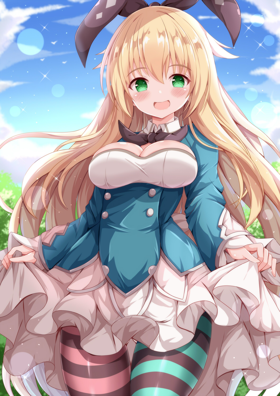 1girl :d alice_(grimms_notes) asymmetrical_legwear blonde_hair blue_dress blue_sky blush breasts cleavage cloud commentary_request commission day dress green_eyes grimms_notes hair_between_eyes highres large_breasts long_hair long_sleeves looking_at_viewer mismatched_legwear open_mouth outdoors pantyhose pixiv_commission skirt_hold sky sleeves_past_wrists smile solo striped_clothes striped_pantyhose very_long_hair xenon_(for_achieve)