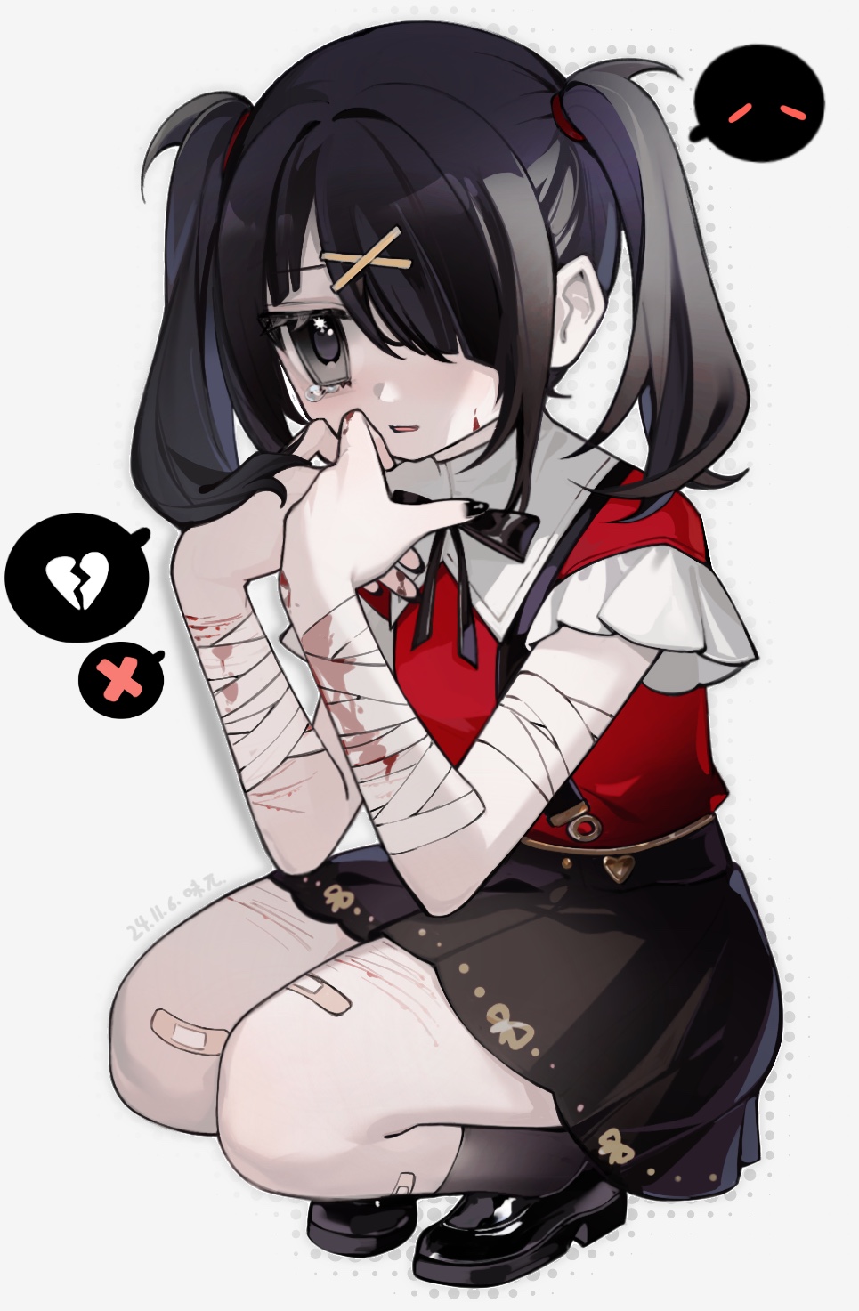 1girl ame-chan_(needy_girl_overdose) bandaged_arm bandages bandaid bandaid_on_leg black_eyes black_hair black_nails black_ribbon black_shoes black_skirt black_socks blood bloody_bandages broken_heart chinese_commentary closed_mouth collared_shirt commentary_request cuts full_body grey_background hair_ornament hair_over_one_eye hands_up heart highres injury loafers long_hair nail_polish neck_ribbon needy_girl_overdose red_shirt ribbon self-harm self-harm_scar shirt shoes simple_background skirt socks solo spoken_expression squatting suspender_skirt suspenders tearing_up twintails wei_wu wrist_cutting x_hair_ornament