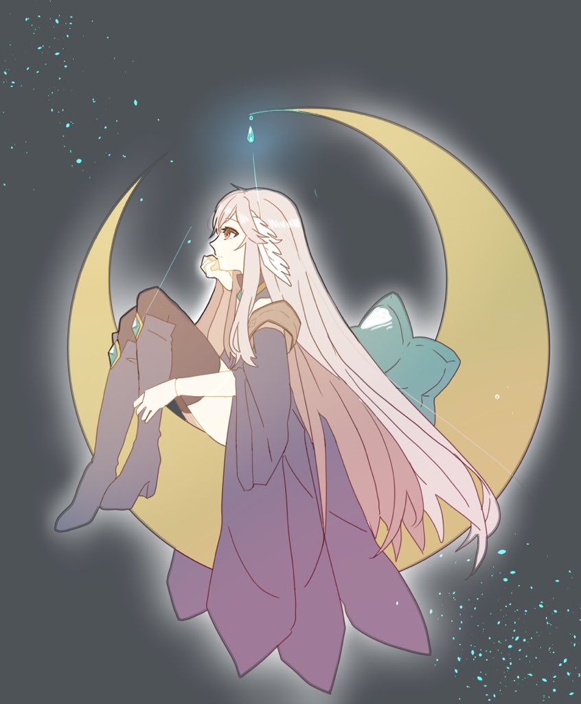 1girl arcane_master_(ragnarok_masters) black_coat black_thighhighs boots closed_mouth coat commentary_request datenshi_no_fu feathered_wings full_body grey_background grey_boots grey_hair head_wings long_hair on_crescent ragnarok_masters ragnarok_online red_eyes smile solo thighhighs very_long_hair white_wings wings