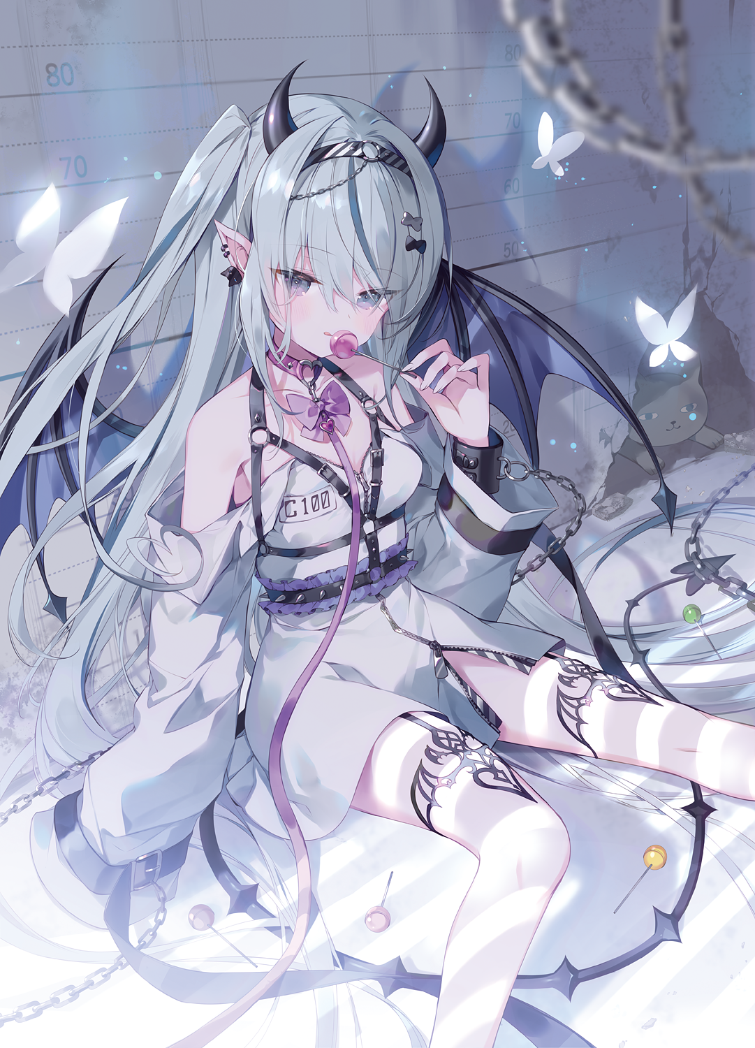 1girl :q bare_shoulders blue_eyes blue_wings blush candy closed_mouth commentary_request demon_girl demon_horns demon_tail demon_wings dress ear_piercing feet_out_of_frame food garter_straps grey_hair hair_between_eyes highres holding holding_candy holding_food holding_lollipop horns ibara_riato lollipop long_hair long_sleeves looking_at_viewer one_side_up original piercing pointy_ears sitting sleeves_past_fingers sleeves_past_wrists smile solo striped_clothes striped_thighhighs tail thighhighs tongue tongue_out very_long_hair white_dress wings