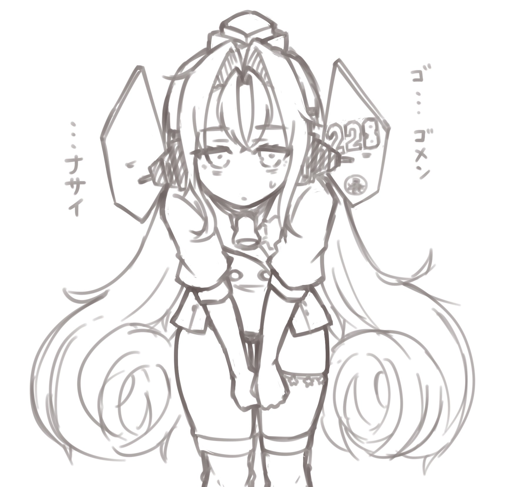 1girl apologizing bell coat commentary_request drum_(kancolle) feet_out_of_frame garrison_cap hair_rings hat headgear highres kantai_collection leaning_forward lineart long_hair looking_at_viewer monochrome neck_bell solo tatahai thighhighs translation_request