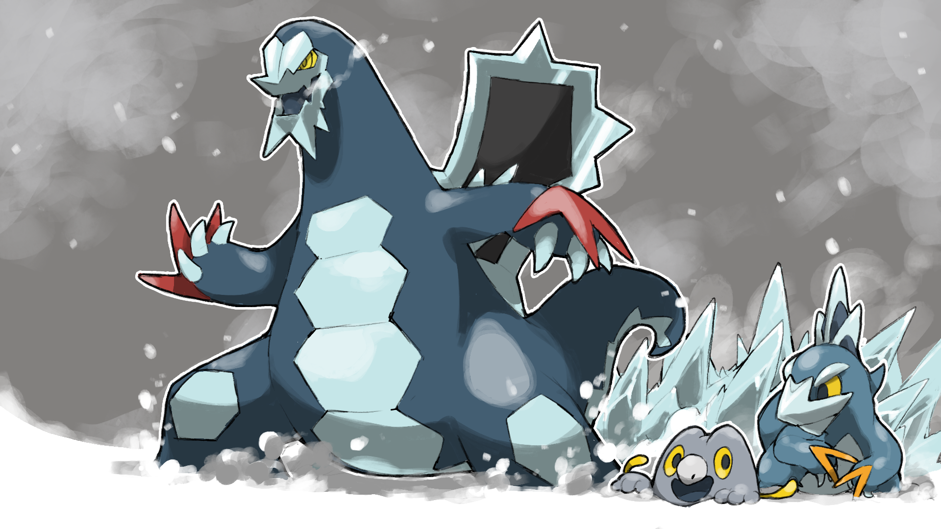 :d animal_focus arctibax baxcalibur blacknirrow breath claws closed_mouth colored_sclera dragon evolutionary_line frigibax grey_background highres ice nintendo no_humans open_mouth outline pokemon pokemon_(creature) pokemon_focus smile snow white_outline yellow_eyes yellow_sclera