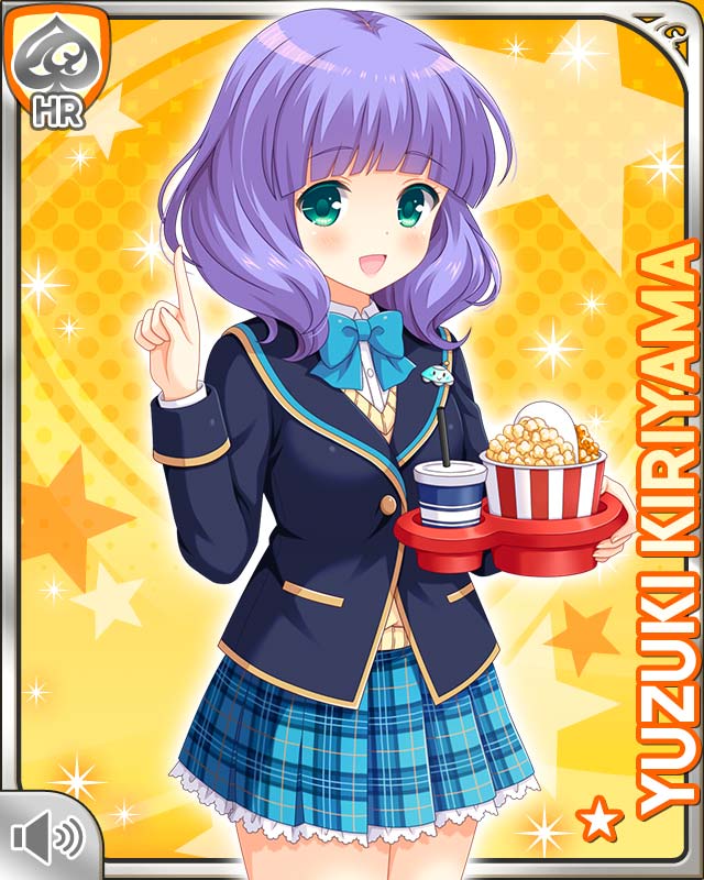 1girl blouse blue_bow blue_jacket blue_skirt blunt_bangs bow button card_(medium) character_name food girlfriend_(kari) green_eyes jacket kiriyama_yuzuki looking_at_viewer official_art open_mouth pin plaid_clothes plaid_skirt popcorn purple_hair qp:flapper school_uniform shirt skirt smile soda solo tagme ufo vest white_shirt yellow_background yellow_vest