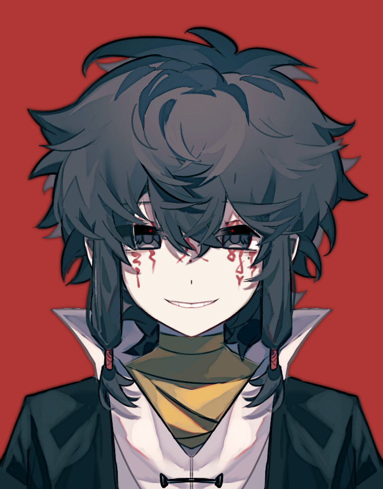 1boy black_eyes black_hair black_jacket chinese_commentary commentary_request facepaint grin hair_between_eyes jacket looking_at_viewer male_focus medium_hair open_clothes open_jacket red_background shirt simple_background smile solo touqi_guaitan variant_set white_shirt zhixiang_chifan ziche_fuzhao