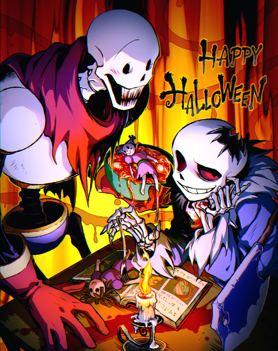 2boys ahin_vpv black_sclera blue_jacket book colored_sclera doll grin happy_halloween highres hood jacket male_focus multiple_boys papyrus_(undertale) red_eyes sans_(undertale) skeleton smile teeth undertale
