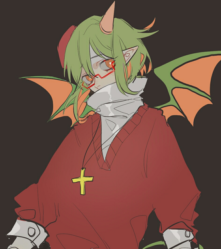 1girl demon_girl funamusea grey_hair haiiro_teien horns looking_at_viewer red_sweater short_hair single_horn solo sweater tallplaycold yosafire_(funamusea)