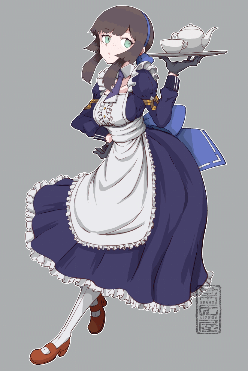 alternate_costume apron artist_name black_gloves blue_bow blue_dress blue_hairband blue_necktie blue_ribbon blunt_sidelocks boushi-ya bow breasts brown_hair collarbone commentary cup dress dress_bow enmaided freckles frilled_apron frilled_dress frills from_side gloves green_eyes grey_background hair_bow hair_over_shoulder hair_ribbon hairband hand_on_own_hip hand_up highres holding holding_tray kantai_collection long_hair long_sleeves looking_at_viewer looking_to_the_side maid mary_janes medium_breasts mogador_(kancolle) necktie pantyhose parted_lips ponytail puffy_sleeves red_shoes ribbon seal_script serving shoes sidelocks simple_background teacup teapot tray white_apron white_pantyhose