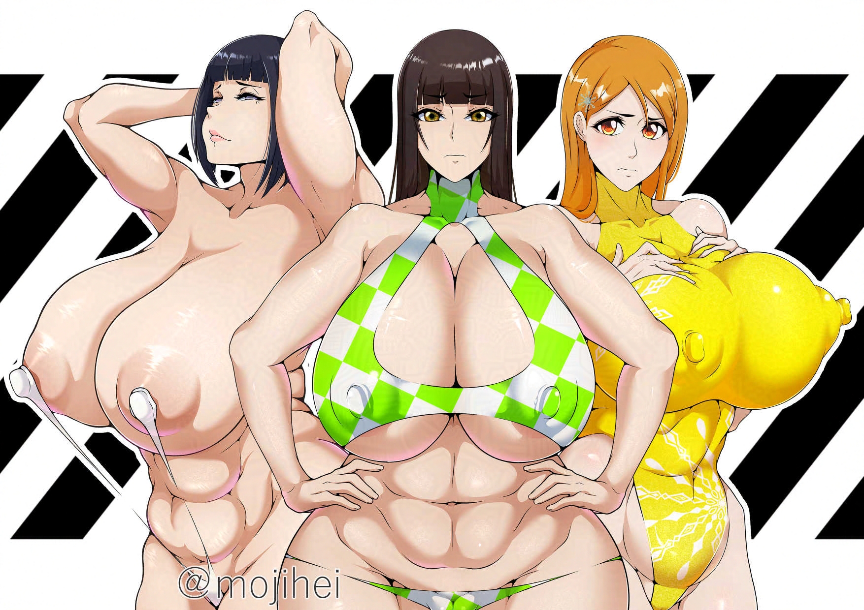 3girls abs alternate_breast_size arms_behind_head artist_name bare_shoulders bleach bleach:_sennen_kessen-hen breasts brown_eyes brown_hair character_request collarbone hair_ornament hairclip hands_on_own_hips highres huge_breasts hyuuga_hinata inoue_orihime looking_at_viewer mojihe multiple_girls naruto_(series) naruto_shippuuden orange_hair shiny_skin swimsuit yellow_eyes
