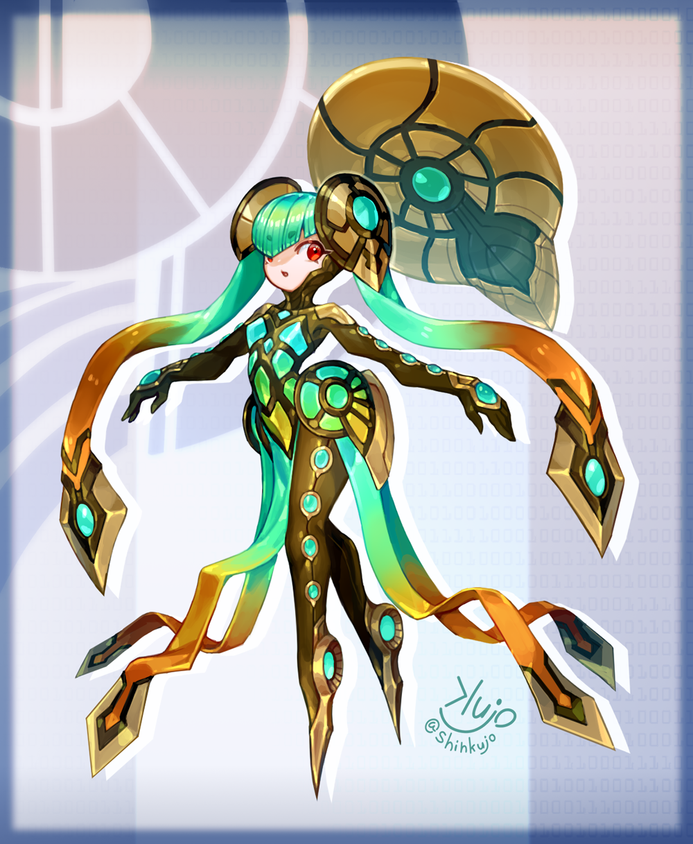 1girl ammonite aqua_hair artist_name blue_border blunt_bangs bodysuit border brown_hair clothing_request commentary_request floating_clothes floating_hair full_body gradient_hair highres looking_to_the_side monster_girl multicolored_hair orange_hair original red_eyes shinku_castle solo twintails twitter_username