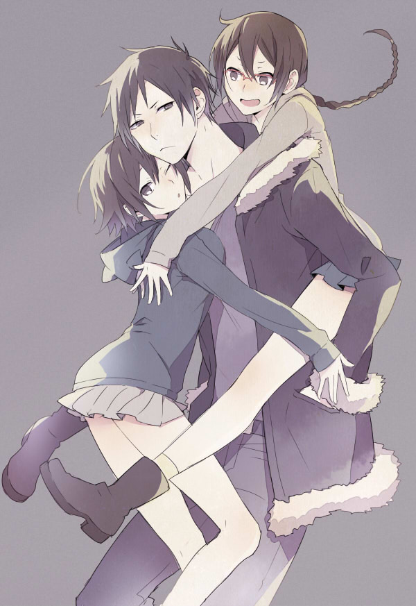 1boy 2girls black_hair black_hoodie braid brother_and_sister brown_eyes brown_hair carrying clairon coat commentary_request durarara!! frown fur-trimmed_hood fur_trim glasses grey_background hands_in_pockets hood hood_down hoodie hug jacket long_hair multiple_girls one_eye_closed open_clothes open_jacket orihara_izaya orihara_kururi orihara_mairu partial_commentary piggyback pleated_skirt shirt short_hair siblings single_braid sisters skirt smile sweatdrop twins yellow_hoodie
