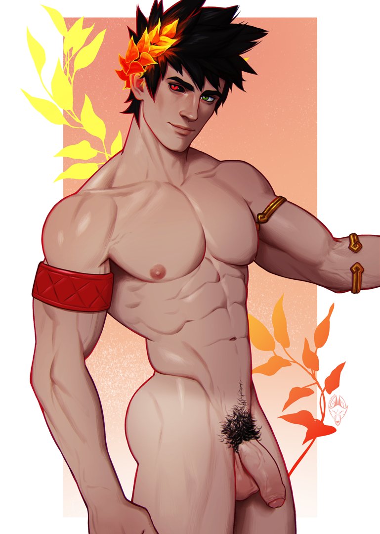 1boy armlet ass bara black_hair black_sclera closed_mouth colored_sclera fox_bravo green_eyes hades_(series) hades_1 heterochromia jewelry large_pectorals laurel_crown male_focus male_pubic_hair muscular muscular_male nude pectorals penis pubic_hair red_eyes short_hair solo testicles zagreus_(hades)