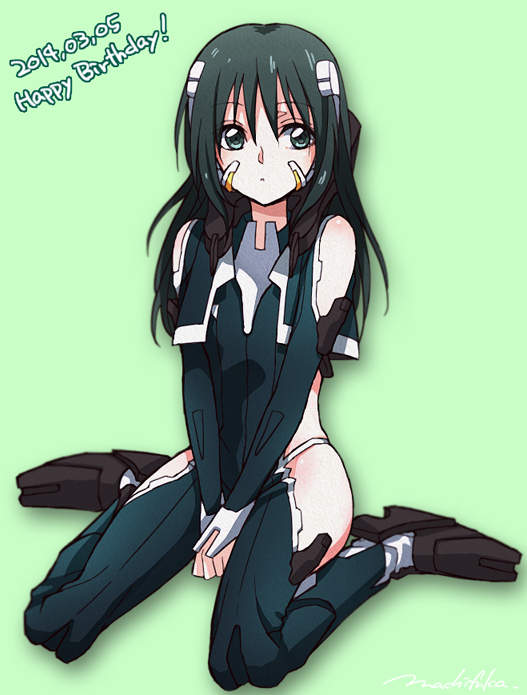 10s 1girl alternate_costume arm_cutout black_hair bodysuit boots clothing_cutout dated female_focus green_background grey_eyes happy_birthday headgear hip_focus leg_cutout long_hair looking_to_the_side machi_fuka mecha_pilot_suit minashiro_tsubaki pilot_suit side_cutout sidelocks signature sitting skindentation solo soukyuu_no_fafner synergetic_suit wariza