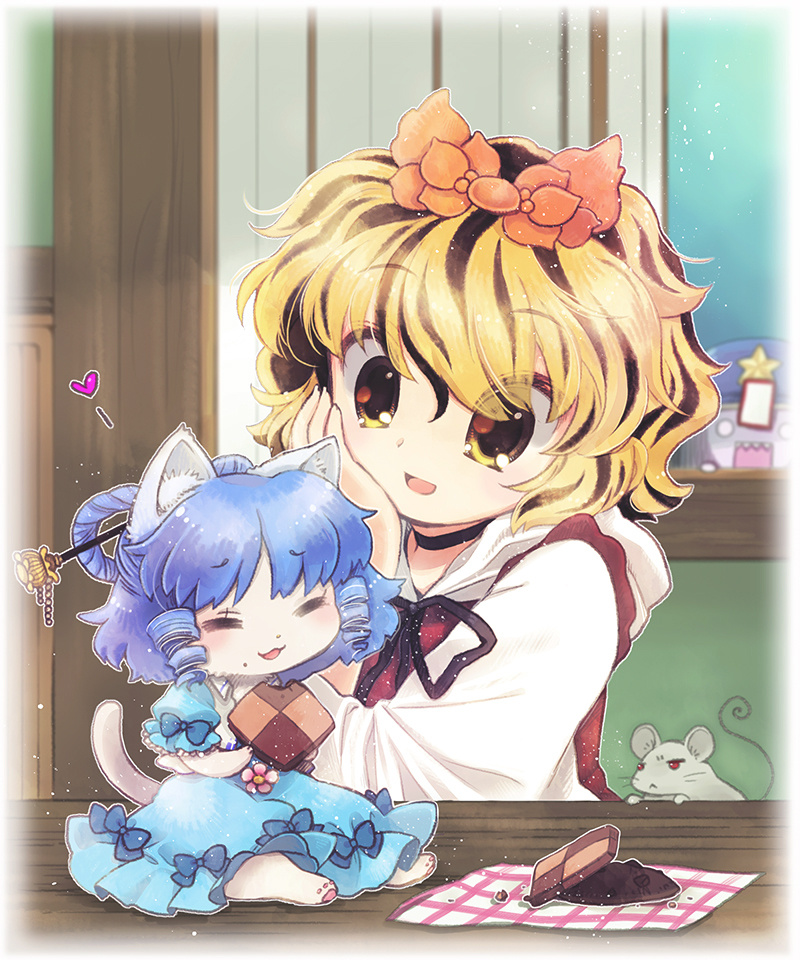 3girls :&lt; animal_ears animal_hands bad_id bad_pixiv_id beret biyon black_hair blonde_hair blue_dress blue_hair cat_ears cat_paws cat_tail chibi closed_eyes cookie dress eating fangs food hair_ornament hair_rings hair_stick hand_on_own_cheek hand_on_own_face hat heart jealous jiangshi kaku_seiga kemonomimi_mode mini_person minigirl miyako_yoshika multicolored_hair multiple_girls nazrin nazrin_(mouse) o_o ofuda open_mouth open_window puffy_sleeves short_hair short_sleeves sitting smile tail toramaru_shou touhou two-tone_hair watching window yellow_eyes