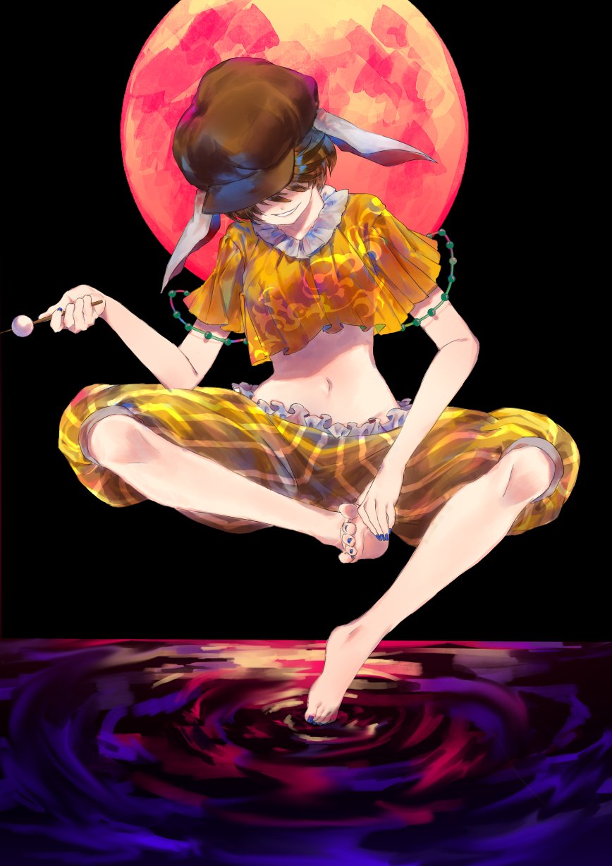 ama_asagi animal_ears bare_legs barefoot brown_hat newsboy_cap crossed_legs dango flat_cap floppy_ears food full_body hat highres midriff moon_rabbit navel orange_shirt rabbit_ears ringo_(touhou) shirt short_hair shorts solo stomach striped_clothes striped_shorts touhou wagashi yellow_shorts