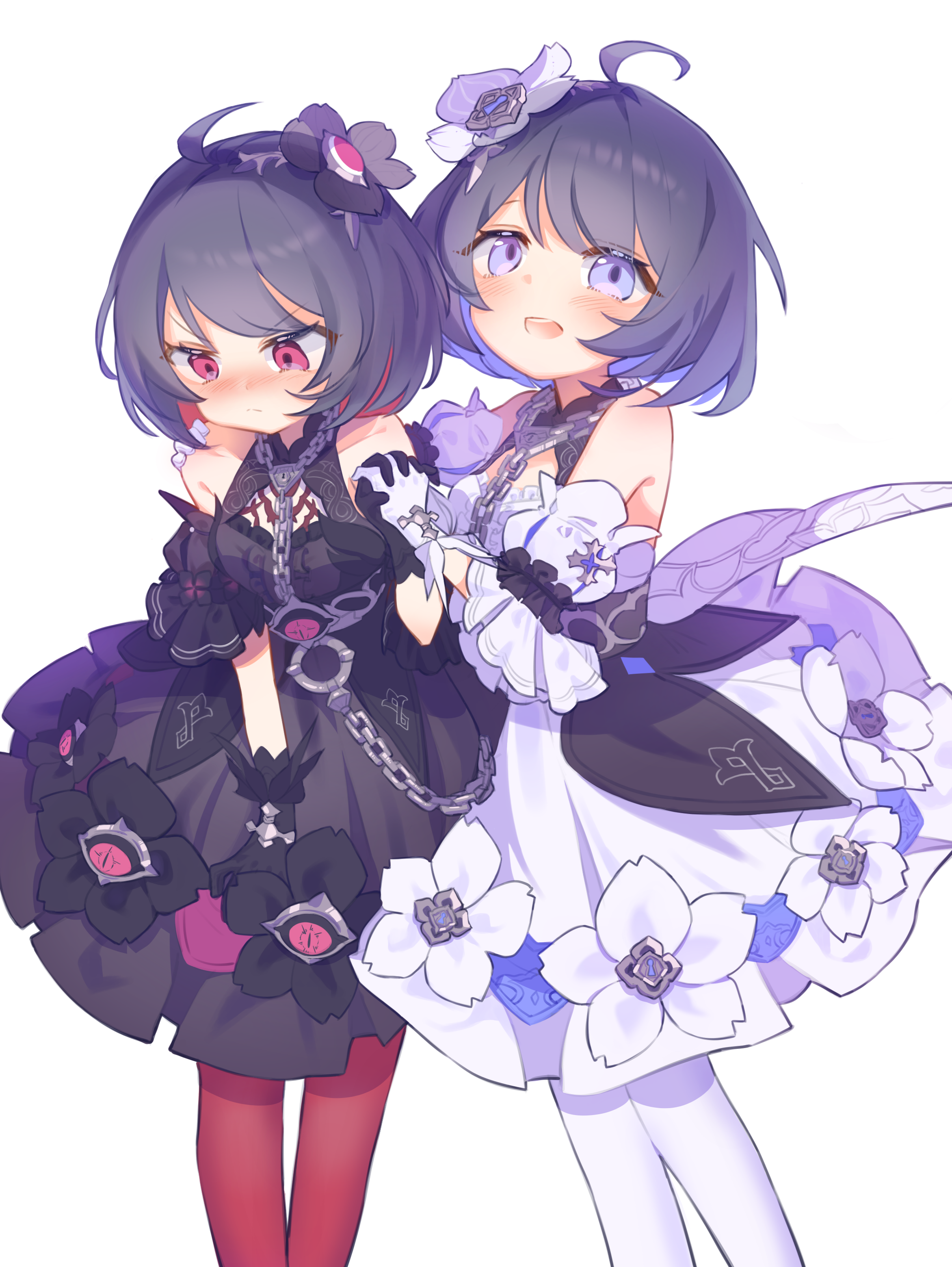 2girls absurdres ahoge black_dress black_flower black_gloves blue_eyes blue_hair blush closed_mouth commentary dress dress_flower feet_out_of_frame flower gloves hair_flower hair_ornament highres holding_hands honkai_(series) honkai_impact_3rd interlocked_fingers multiple_girls open_mouth pantyhose pic_p_p puffing_up red_eyes red_pantyhose seele_(alter_ego) seele_vollerei seele_vollerei_(stygian_nymph) short_hair simple_background symbol-only_commentary white_background white_dress white_flower white_gloves white_pantyhose
