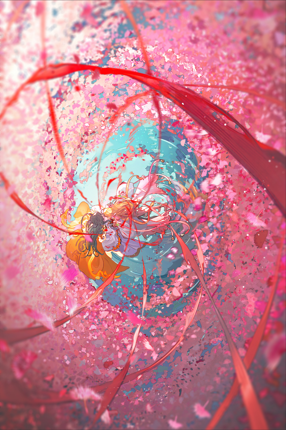 1boy 1girl black_hair blonde_hair cherry_blossoms chinese_clothes dancing day flower from_above full_body hanfu highres fox_spirit_matchmaker light_particles long_hair long_sleeves mian_lang orange_hanfu outdoors petals pink_flower pink_hanfu ripples sleeves_past_fingers sleeves_past_wrists spring_(season) standing standing_on_liquid tushan_susu wangquan_baye water white_sleeves wide_sleeves
