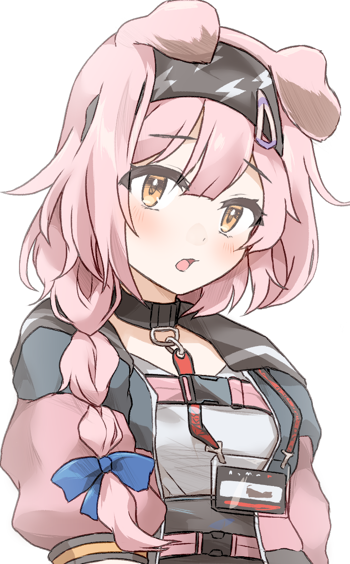 1girl animal_ears arknights black_collar black_hair blue_bow blush bow braid collar commentary_request goldenglow_(arknights) hair_bow hair_ornament hairclip jacket lanyard lightning_bolt_symbol long_hair looking_at_viewer open_clothes open_jacket open_mouth partial_commentary pink_hair pink_jacket simple_background solo tififox upper_body white_background yellow_eyes