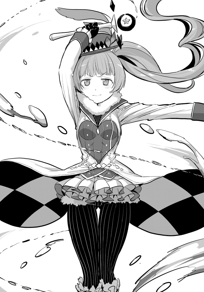 1girl arm_up blunt_bangs breasts closed_mouth commentary_request cowboy_shot floating_clothes floating_hair greyscale hat hat_feather holding holding_wand ken_(koala) kumi_seika long_hair long_sleeves looking_at_viewer magia_record:_mahou_shoujo_madoka_magica_gaiden magical_girl mahou_shoujo_madoka_magica medium_breasts miniskirt monochrome shirt side_ponytail skirt solo standing wand water water_drop white_background