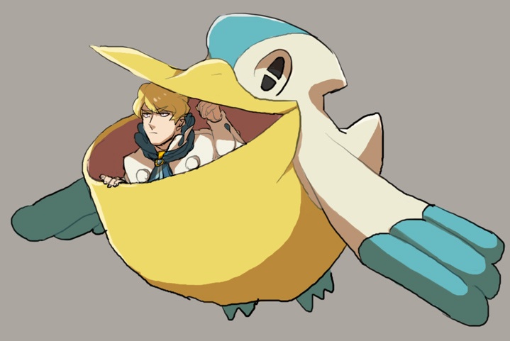 1boy ascot beak bird blonde_hair blue_ascot gen_3_pokemon grey_background male_focus nintendo open_mouth pelican pelipper pokemon pokemon_(creature) pokemon_xy siebold_(pokemon) ta_m0ure wings