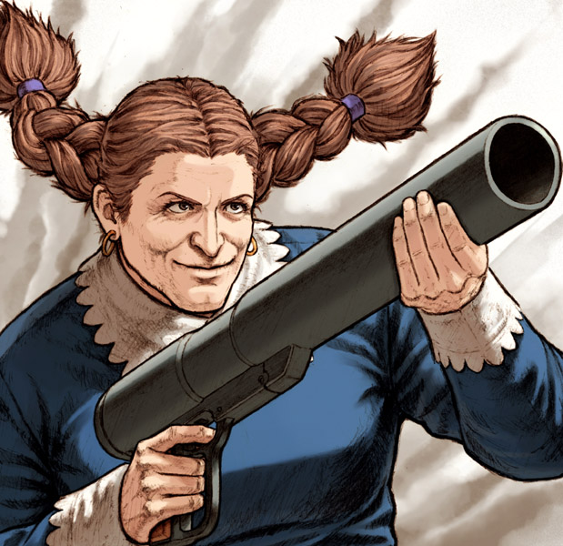 1girl braid brown_eyes brown_hair dola_(laputa) earrings female_focus finger_on_trigger fuji_(d38635s10) gun hair_tie jewelry old old_woman smile solo tenkuu_no_shiro_laputa twin_braids upper_body weapon wrinkled_skin