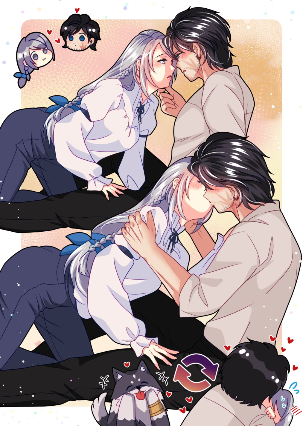 1boy 1girl all_fours ass babigonice bent_over black_hair braid casual clive_rosfield couple dog final_fantasy final_fantasy_xvi grey_hair heart highres jill_warrick kiss long_hair low-tied_long_hair pants scar scar_on_face single_braid tongue tongue_out torgal_(ff16)