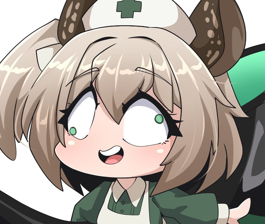 1girl :d apron brown_hair chibi chibi_only closed_mouth collared_dress commentary derp_face doe_eyes dress green_dress green_eyes hashtag-only_commentary holding holding_smoking_pipe indie_virtual_youtuber long_sleeves maid_apron medium_hair nimi_nightmare one_side_up open_mouth oversized_object ryou_sakai simple_background smile smoking_pipe solo tapir_girl teeth thighhighs upper_teeth_only virtual_youtuber wall-eyed white_apron white_background