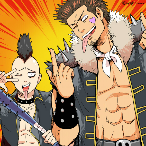 2boys 3mm black_hair brown_hair gintama kondou_isao multiple_boys short_hair tongue wink yamazaki_sagaru