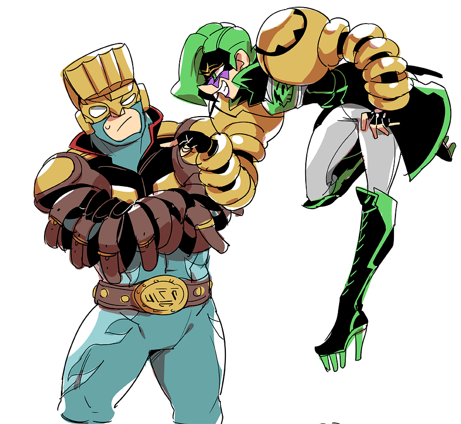 1boy 1girl arms_(game) belt bodysuit championship_belt cowboy_shot crossed_arms dr._coyle floating green_hair helmet high_heels lipstick makeup mask max_brass mechanical_arms nekobayashi_(nekoforest) nintendo pants purple_lips simple_background sketch white_background white_pants