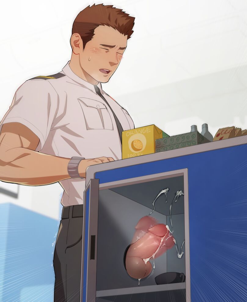 1boy brown_hair cart censored cum ejaculation erection flight_attendant food glory_hole handsfree_ejaculation itto_(mentaiko) male_focus mosaic_censoring penis solo_focus testicles travel_attendant